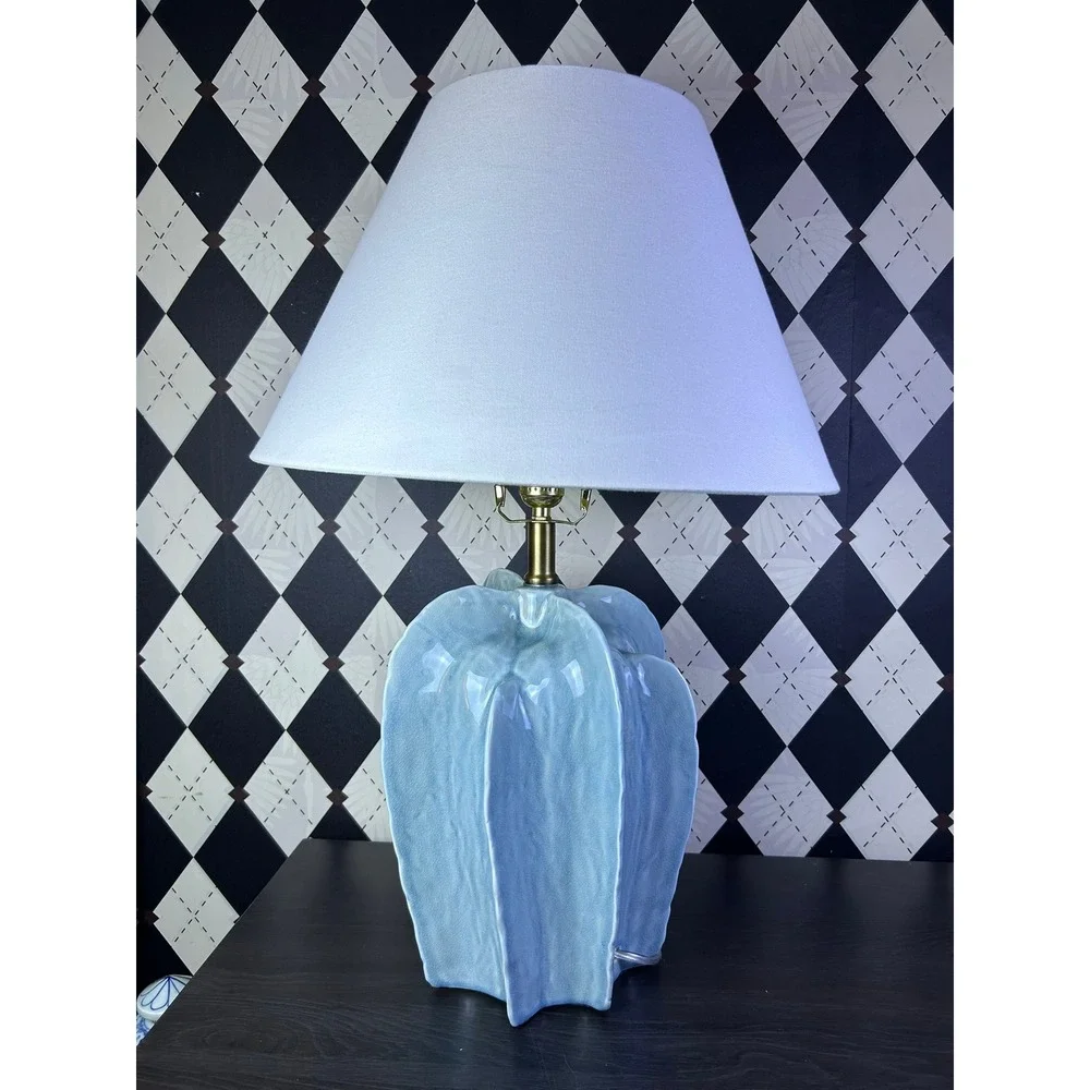 Large Sculptural Blue Pottery Table Lamp Fluted Statement Lighting 25